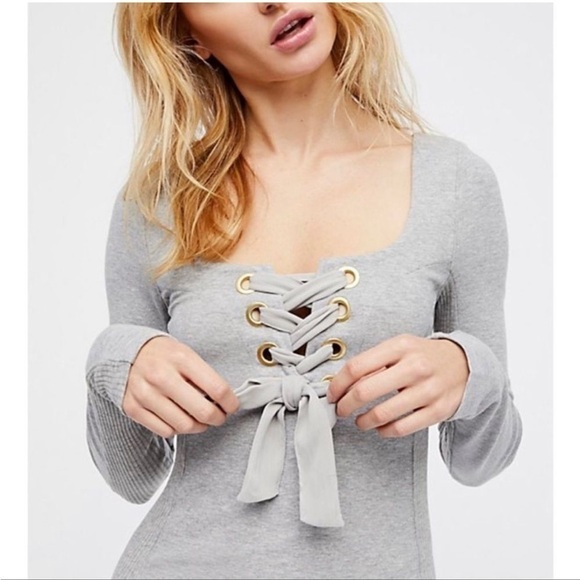 Free People Tops - Free People Dove Gray Looking Back Lace Up Long Sleeve Top